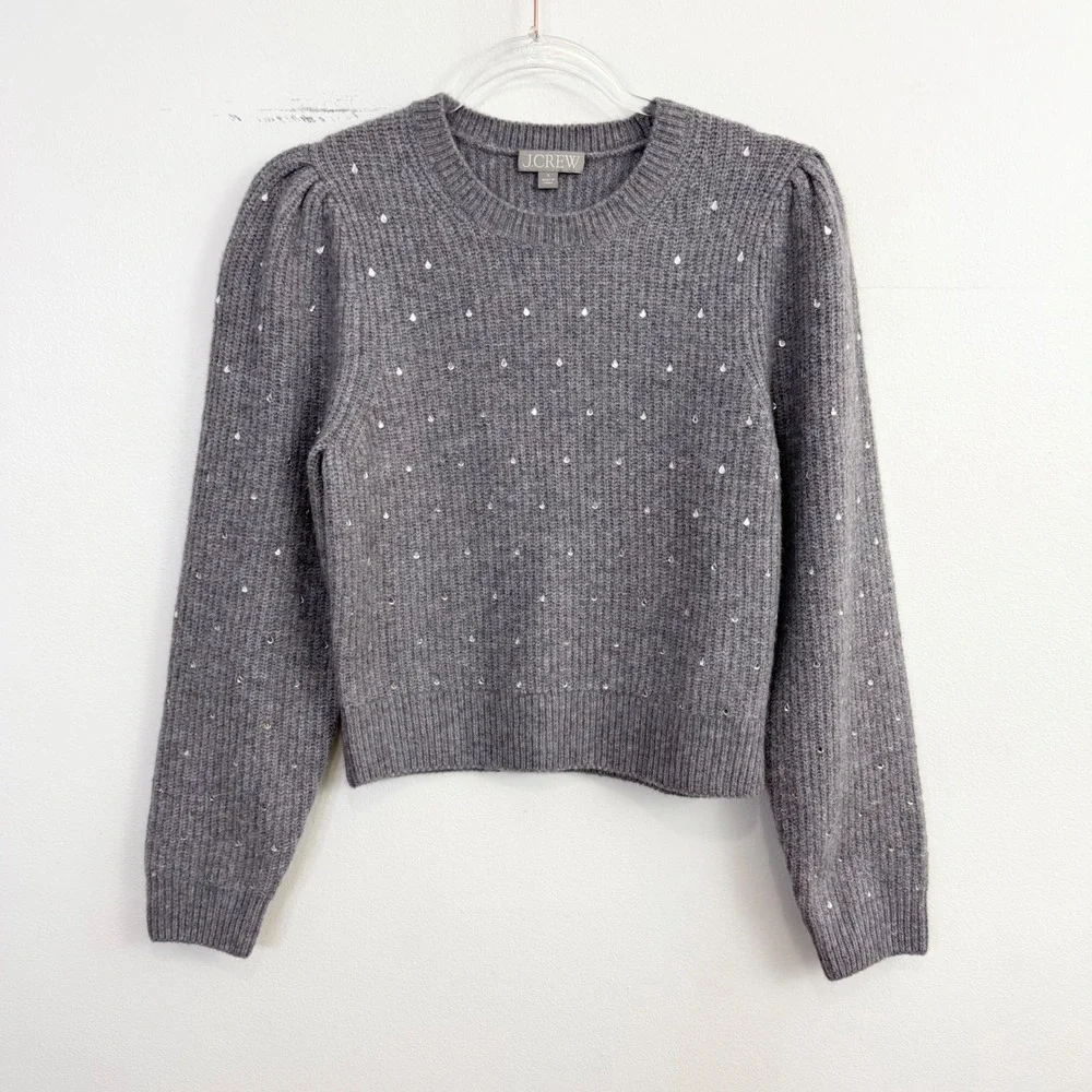 J.Crew Rhinestone Puff Sleeve Merino Wool Alpaca Sweater Gray Size Small